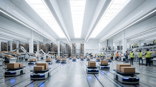 Automated Smart Warehouse Autonomous Mobile Robots Moving Cardboard Boxes