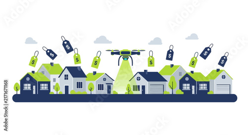 Real Estate Drone Technology Illustration for Property Valuation and Market Analysis