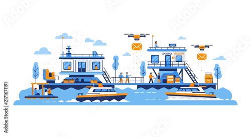 Modern Maritime Logistics Hub with Drones and Cargo Boats Illustration