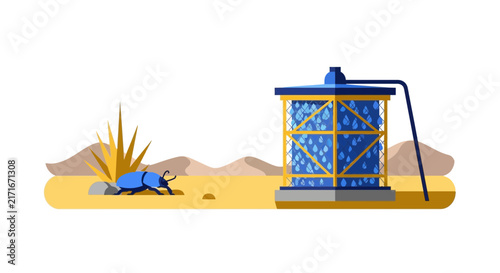 Fog Harvesting Technology and Desert Beetle Illustration: Nature-Inspired Water Collection Biomimicry Concept