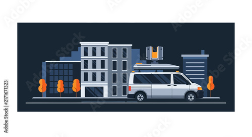 Mobile Mapping Van with LiDAR Scanning City Buildings Flat Vector Illustration