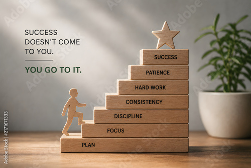 A wooden figure climbs blocks labeled plan, focus, discipline, consistency, hard work, patience, and success, illustrating the path to achievement.