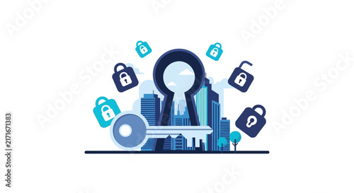 Urban Real Estate Security Concept with City Skyline Through Keyhole and Padlocks