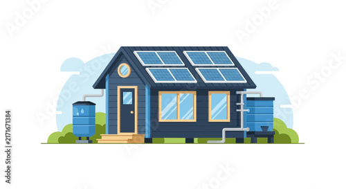 Modern Eco-Friendly Tiny House with Solar Panels and Water Harvesting System Vector
