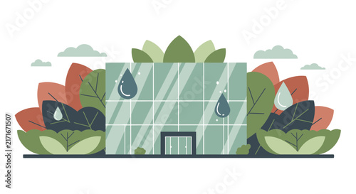 Eco-Friendly Glass Building with Foliage and Water Drops Sustainable Architecture Illustration
