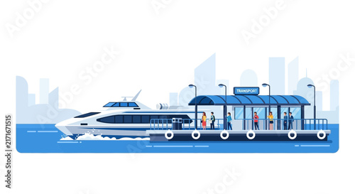 Modern Ferry and Water Taxi Terminal with Passengers Vector Illustration