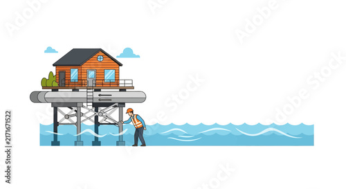 Worker inspecting sustainable floating house on offshore platform illustration