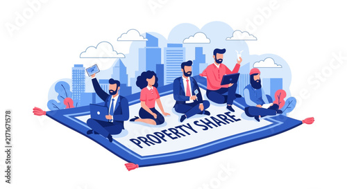 Property Share Investment Concept Illustration: Business People on a Magic Carpet over Cityscape