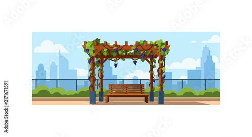 Modern Urban Rooftop Garden with Wooden Pergola, Grapevines and City Skyline View