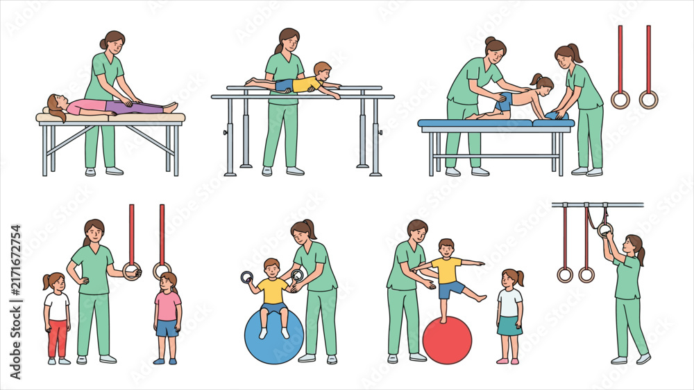 Fototapeta premium Pediatric Physical Therapy and Childhood Rehabilitation Outline Illustration Set – Female Specialists in Mint Green Scrubs Guiding Kids through Gymnastic Ring and Balance Exercises