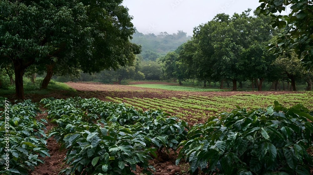 Obraz premium Rows of young green plants grow in orderly lines across a misty tree lined agricultural field under soft overcast skies