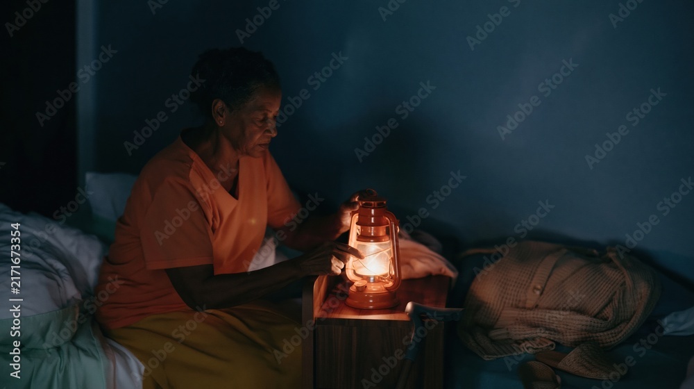 Obraz premium Lantern glowing on a nightstand as a senior Black woman reaches for it in a dark bedroom, evoking a sense of dignity and home safety