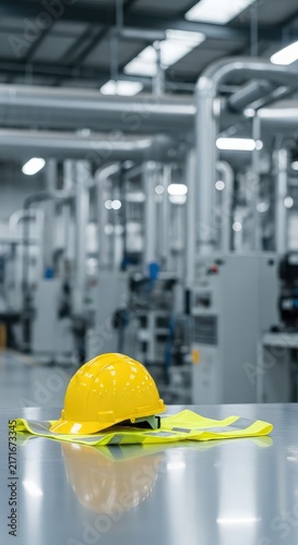 Bright yellow safety helmets and reflective vests are visible inside a vast manufacturing plant filled with complex machinery and steel pipes, hard hat, site, industrial