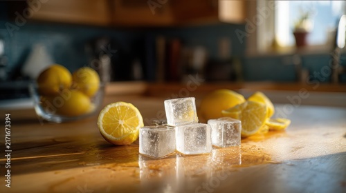 Ice cubes and fresh yellow lemons, some sliced, are scattered on a sunlit wooden kitchen countertop, creating a refreshing domestic scene with a blurred background.