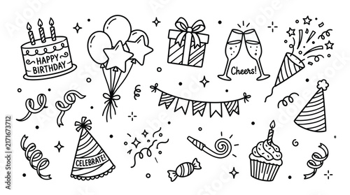 Birthday doodle icon element. Hand drawn sketch doodle birthday cake, balloon, event decoration element. Party, carnival celebration concept background. Vector illustration