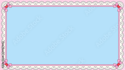Cute pastel blue background presentation with pink eyelet lace heart frame