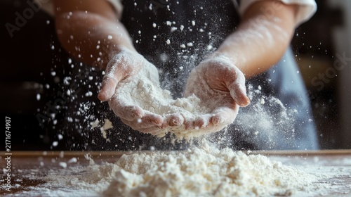 A close-up shot captures human hands carefully sifting or holding a generous handful of white flour over a rustic wooden table, with fine particles gracefully scattering in the air during food.