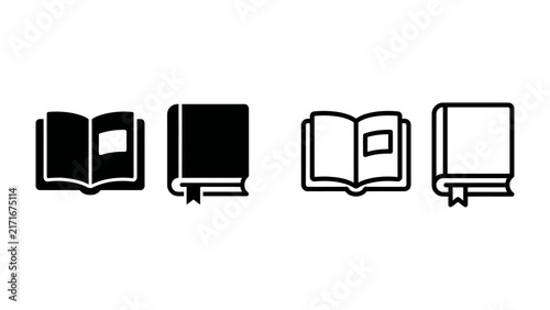 Set of Book Icons: A clean and modern collection of book icons, featuring both open and closed books in solid black and outlined styles, perfect for representing literature, knowledge, or learning.