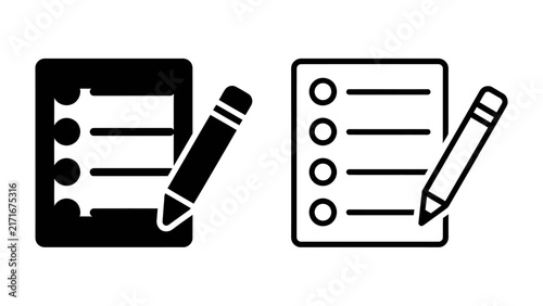 Checklist Icon Set: A set of minimalist icons featuring a notepad with a checklist and a pencil, representing task completion, planning, and organization.