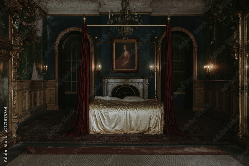 Naklejka premium Four-poster bed with satin bedding in a moody, ornate bedchamber featuring carved paneling and antique decor for luxury hotel campaigns