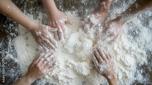 Many hands, belonging to adults and children, gather around a central pile of white flour on a dark countertop, engaged in a collaborative baking activity.