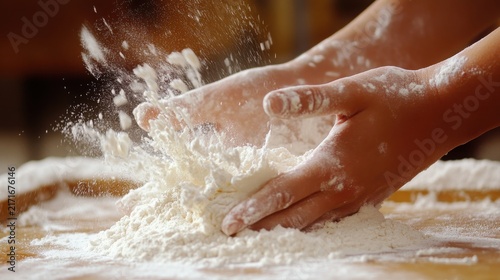 Young hands playfully toss a cloud of white flour into the air over a rustic wooden surface, creating a dynamic scene of baking preparation and joyful cooking.