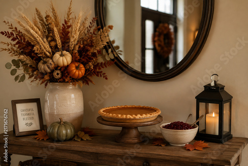 Pumpkin pie on cake stand with cranberry sauce and autumn centerpiece, fall display concept