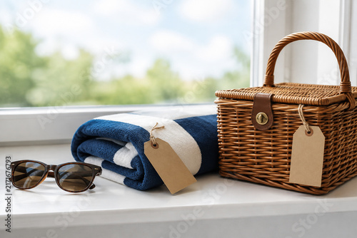 Window ledge with sunglasses, beach towel, picnic basket and sale tags, end of summer retail concept