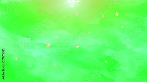 Fluffy white clouds and glowing golden stars float under bright sunlight on a chroma key green background.