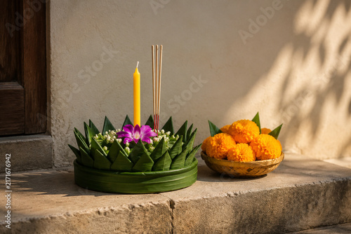 Banana leaf krathong with candle and incense, Thai tradition concept