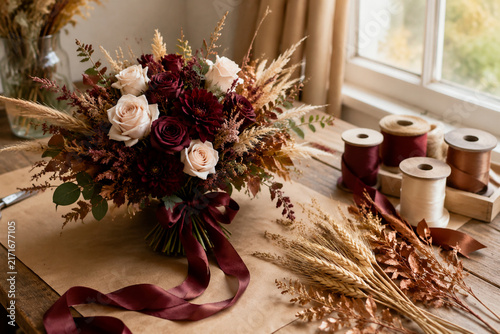 Bridal bouquet with burgundy ribbon on gift wrapping table, wedding and autumn styling concept