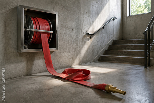 Red fire hose partially unrolled from wall rack in concrete stairwell, fire safety equipment and emergency response concept