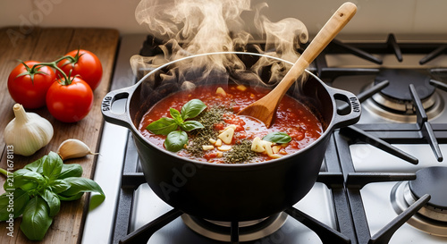 Tomato sauce simmers in a cast iron pot on a kitchen stove with fresh herbs and garlic nearby.