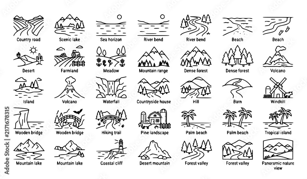 Fototapeta premium 30 Geographical Scenery Outdoor Travel Editable Outline Icons