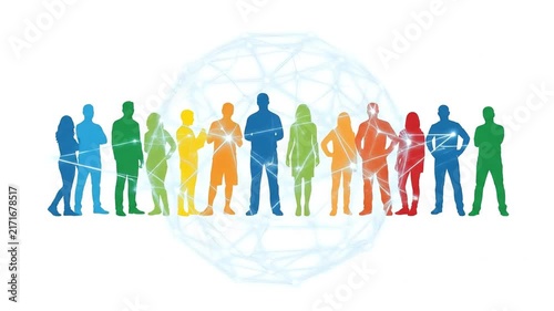 Multi-colored silhouettes of diverse people standing in front of a rotating digital network globe