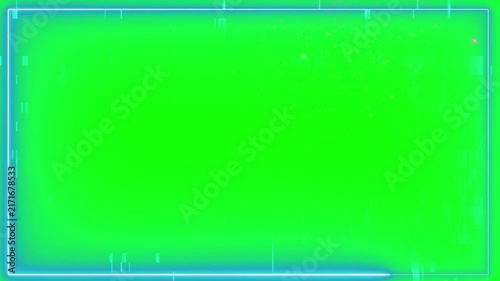 Glowing neon border frame with digital grunge lines surrounds an empty green screen surface for video editing.