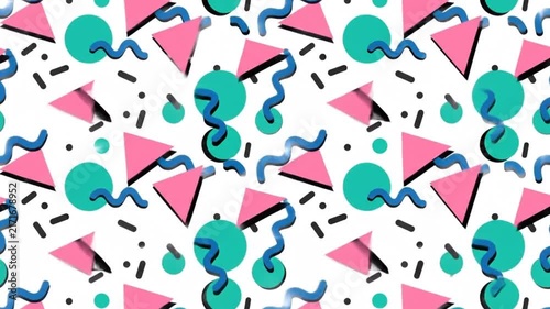 Animated Memphis Style Pattern with Floating Geometric Shapes and Lines