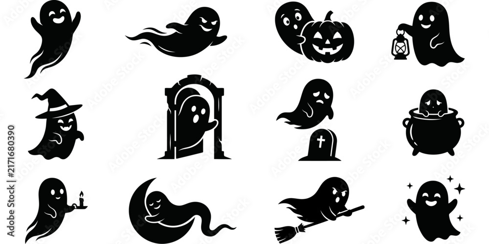 Obraz premium Set of cute black and white hand drawn ghost and halloween character stickers for seasonal holiday design