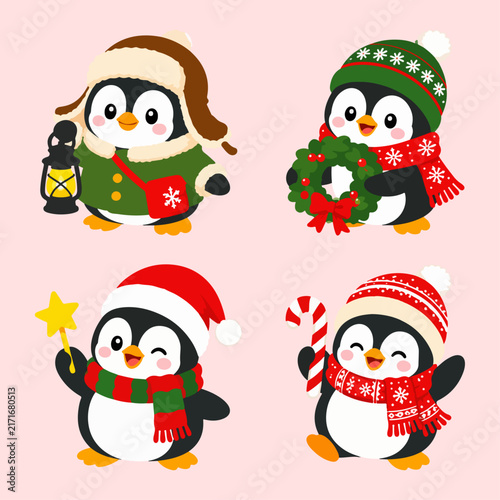 Set of four cute cartoon penguins wearing winter clothes and holding Christmas holiday items