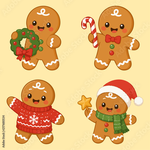 Set of cute kawaii gingerbread man characters wearing festive Christmas outfits and holiday items