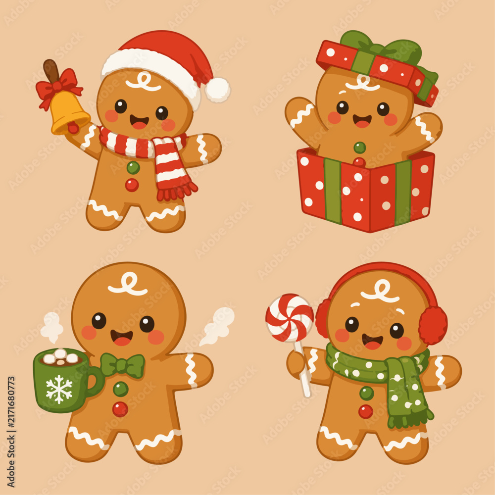 Fototapeta premium Set of cute gingerbread man characters celebrating Christmas with gifts and winter treats