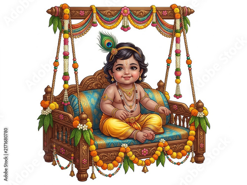 Little Krishna Child Sitting on a Colorfully Decorated Traditional Hanging Swing