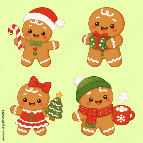 Set of cute cartoon gingerbread characters with Christmas accessories on a pastel green background