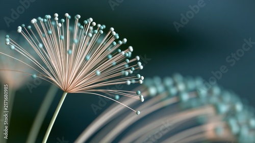 Macro floral abstract with teal beads, elegant botanical fiber art, soft focus dandelion style flower on dark background