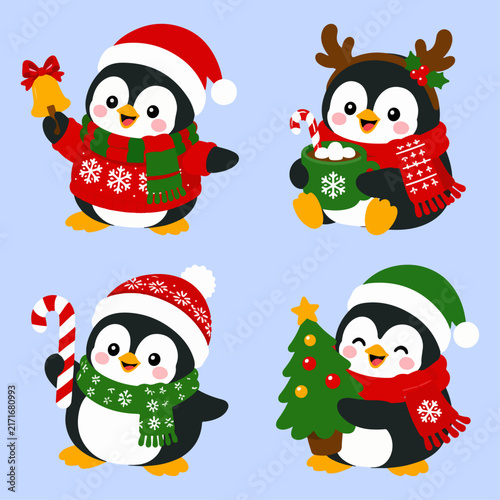 Four cute cartoon penguins wearing Christmas outfits and holding holiday objects on blue background.