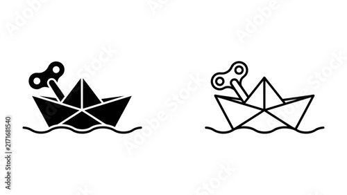 Quadro su tela Paper boat with wind-up key: A simple black and white graphic featuring a folded paper boat on water with a wind-up key attached