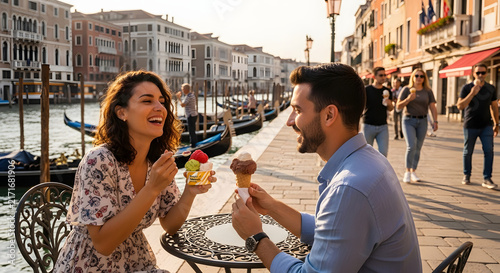 Couple enjoys gelato ice cream while sitting at an outdoor table along a scenic canal in Venice.