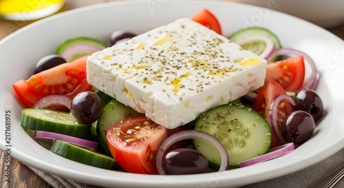 Salad featuring fresh feta cheese, olives, and vegetables sits in a white bowl for a healthy meal.