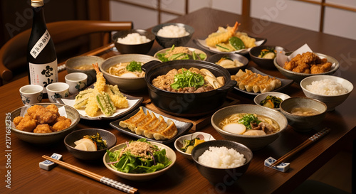 Japanese feast features a variety of traditional dishes served on a wooden dining table.