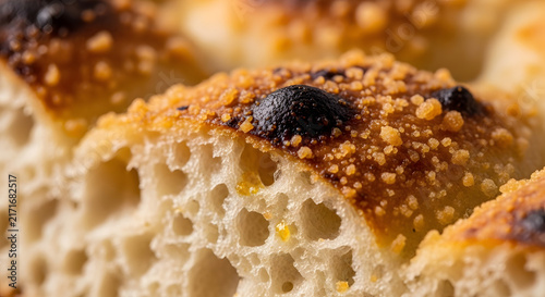 Focaccia bread with golden crust displays a porous airy texture inside a rustic bakery shop.